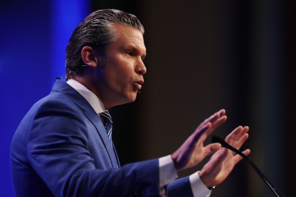 US Secretary of Defence Pete Hegseth speaking in Singapore on Saturday.