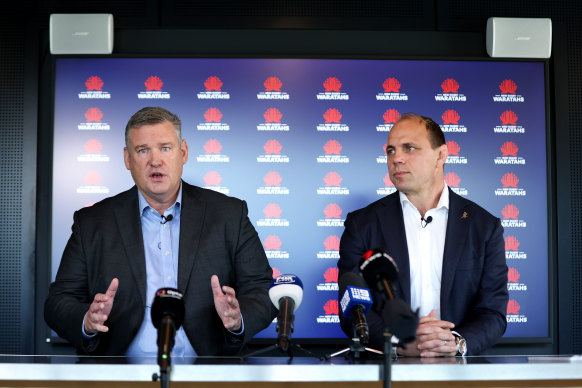 NSW Rugby chief executive Paul Doorn and Rugby Australia boss Phil Waugh at the announcement of RA taking over the Waratahs.