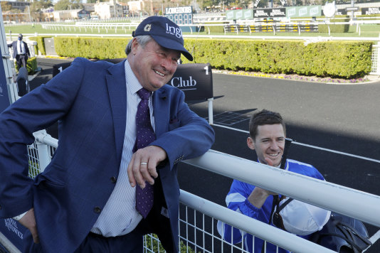 Trainer Gordon Richards and  Jason Collett  after winning the Concorde Stakes with Gytrash.
