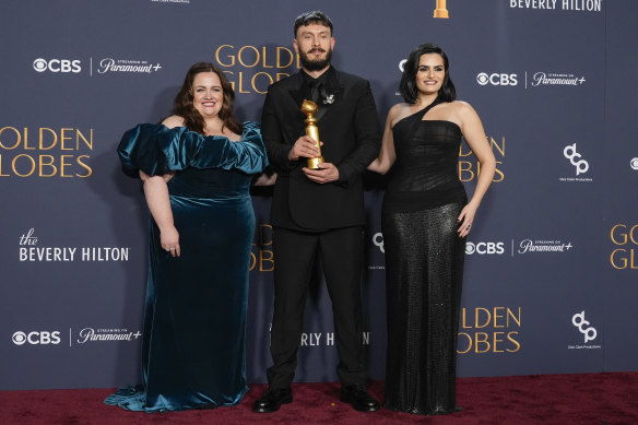 Jessica Gunning, from left, Richard Gadd, and Nava Mau with the award for best television limited series, anthology series, or motion picture made for television for Baby Reindeer.