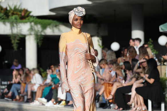 Modest chic ... Halima Aden walking in The Iconic's summer show.