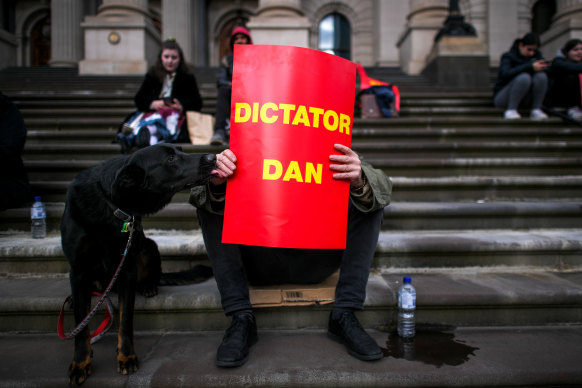 Protesters on the steps of the Victorian Parliament on Tuesday.