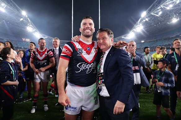 James Tedesco with Nick Politis after the 2019 grand final.