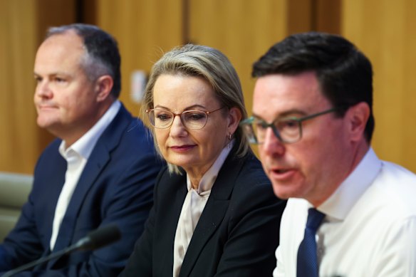 Deputy Liberal leader Ted O’Brien, Opposition Leader Sussan Ley and Nationals leader David Littleproud at a shadow ministry meeting. 