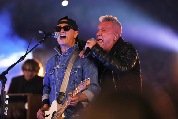 Aussie music legends Jimmy Barnes and Diesel rock out during the NRL grand final pre-game show.