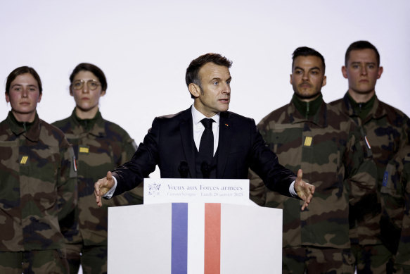French President Emmanuel Macron delivers his speech to the French Army.