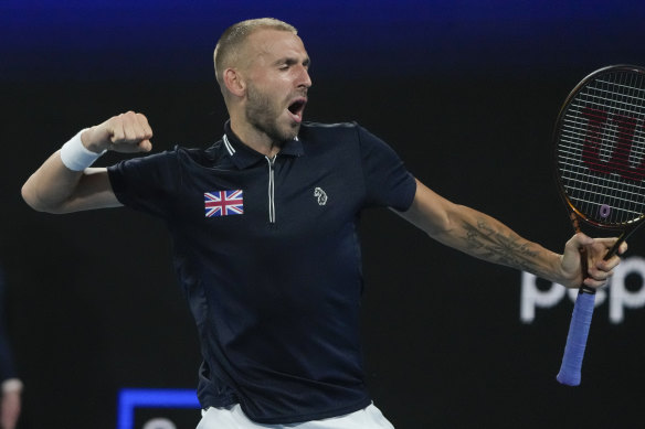 A jubilant Dan Evans after securing Britain’s passage in the tournament.