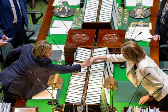Opposition Leader Jess Wilson (left) and Premier Jacinta Allan shake hands in parliament on Tuesday.