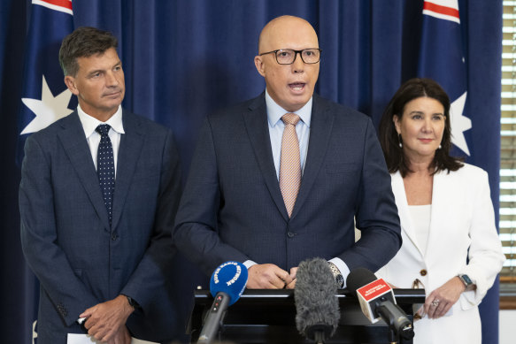 Shadow treasurer Angus Taylor, Opposition Leader Peter Dutton and opposition finance spokesperson Jane Hume at a press conference at Parliament House on Tuesday.