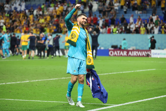 Socceroos captain Mathew Ryan celebrates the win.
