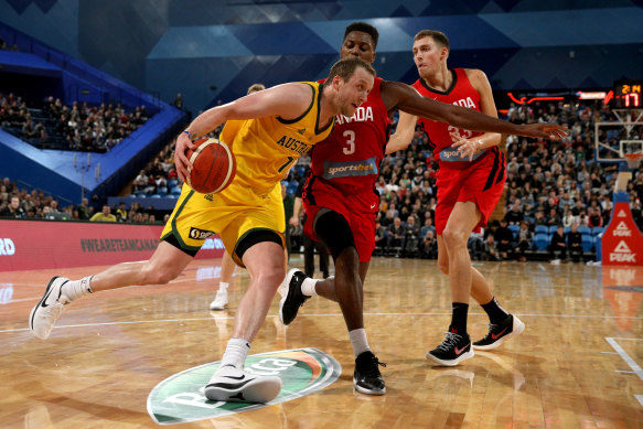 Joe Ingles (left) of the Boomers drives past Melvin Ejim of Canada. 