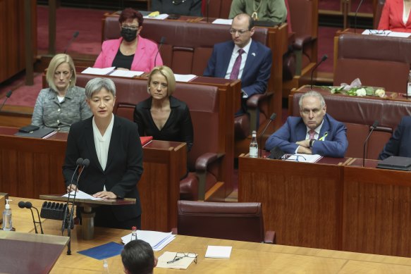 Labor’s Senate leader Penny Wong speaks during a condolence motion for the late senator Kimberley Kitching.