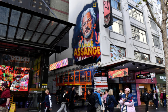 A mural depicting Julian Assange on the side of a building in Sydney’s CBD.
