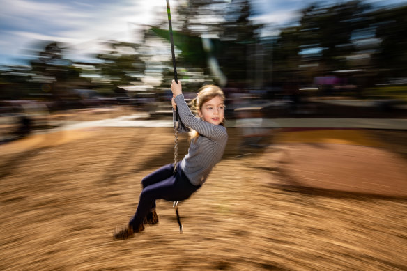 Nothing but fun: Ava Ansalone, 6, on the flying fox at Thomas Street playground in Hampton.