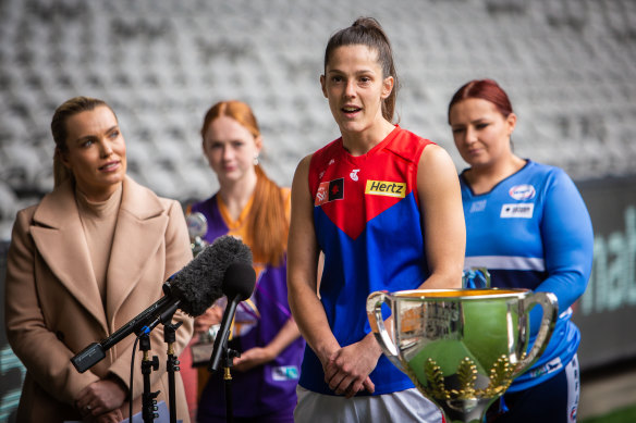 Melbourne’s Lauren Pearce talks to the media at the start of grand final week.