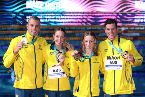 Gold medallists Kyle Chalmers, Madison Wilson, Mollie O’Callaghan and Jack Cartwright  of Team Australia.