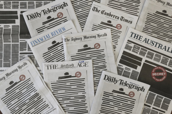 The front pages of Australian newspapers for the Your Right to Know campaign. News Corp worked effectively with the MEAA on the campaign.