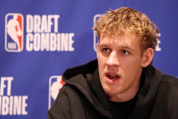 Australian centre Rocco Zikarsky answers questions from reporters during the NBA draft combine in May.