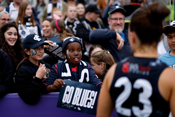 Fans at Ikon Park, which is not fit to host blockbuster AFLW games or grand finals.