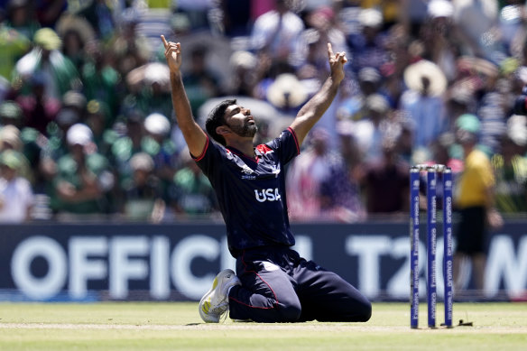 US bowler Saurabh Netralvakar celebrates the shock win in Texas.