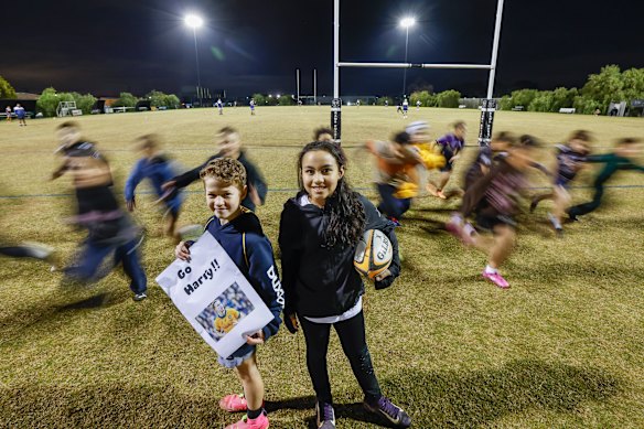 Ewan (left) and Emilia are among the junior Moorabbin Rugby Club players looking forward to watching Harry Potter play on Saturday.