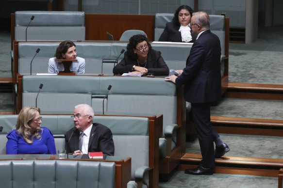 Prime Minister Anthony Albanese with independents Allegra Spender (in pale blue) and Monique Ryan in parliament today.