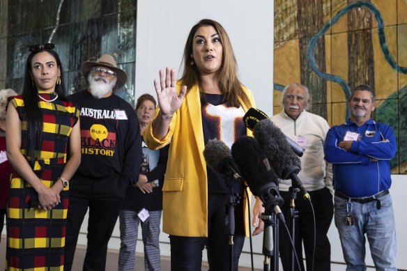 Independent Victorian senator Lidia Thorpe with a group of anti-Voice Indigenous activists at Parliament House on Tuesday. 