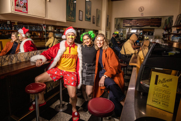 Director of Victorian Opera’s new production ‘A Christmas Carol’ Emma Muir-Smith (right) with cast members Simon Meadows and Akansha Hungenahally at Pellegrini’s Espresso Bar.