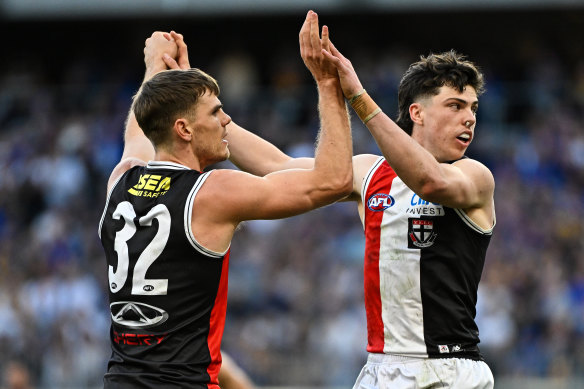 Darcy Wilson and Mason Wood celebrate a St Kilda goal against West Coast.