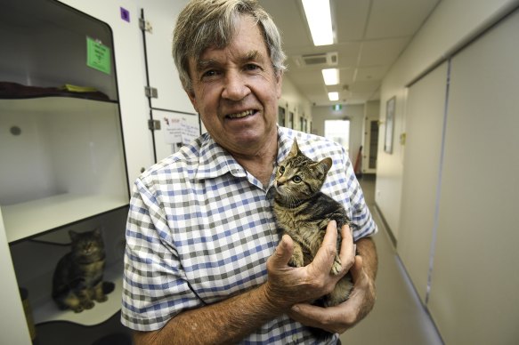 Cat Protection Society of Victoria CEO Ian Crook with kitten Hewy. 