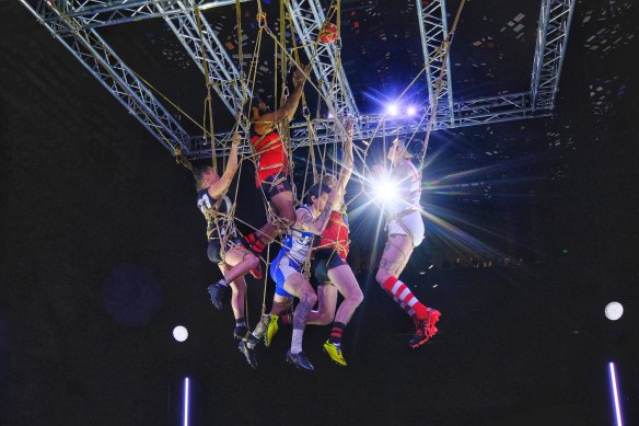 The suspended football players in the Great Hall of the NGV on Sunday. 