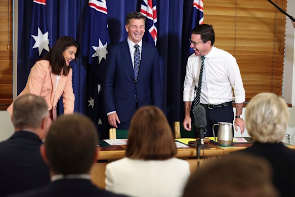 National leader David Littleproud with the new Liberal leadership team of Angus Taylor and Jane Hume on Tuesday.