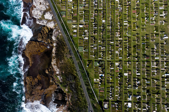 Aerial shots taken by drone of the Waverley Cemetery. At 16 hectares in size, it is one of the largest and greenest spots in the local government area. It is also home to the superb fairy-wren and other little birds that love the coastal heathland. 