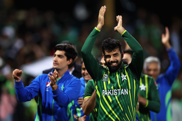 Shadab Khan leads the Pakistani celebrations after defeating New Zealand in the T20 World Cup semi final.