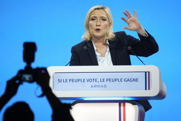 French far-right presidential candidate Marine Le Pen delivers her speech during a campaign rally in Arras, northern France, on Thursday.