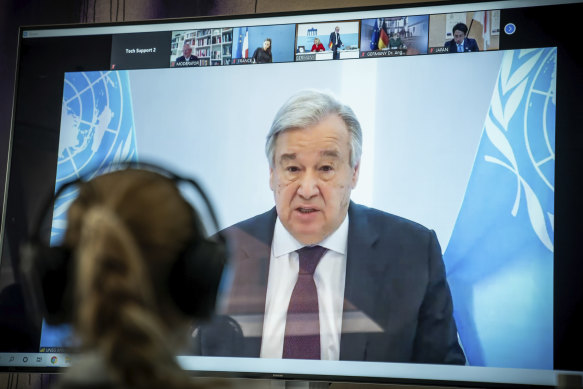Antonio Guterres, UN Secretary-General, delivers his speech remotely to the Petersberg Climate Dialogue.