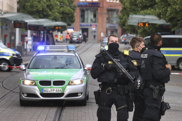 Police at the scene of the incident in Wuerzburg, Germany.