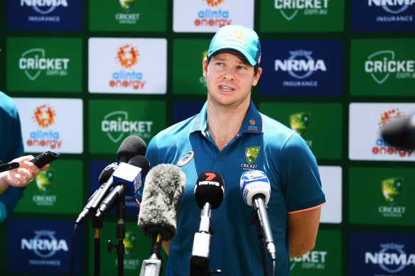 Steve Smith being interviewed by the media in Adelaide on Wednesday.