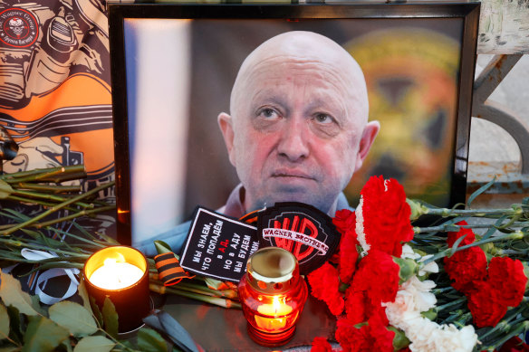 A portrait of Wagner mercenary chief Yevgeny Prigozhin at a makeshift memorial in Moscow.