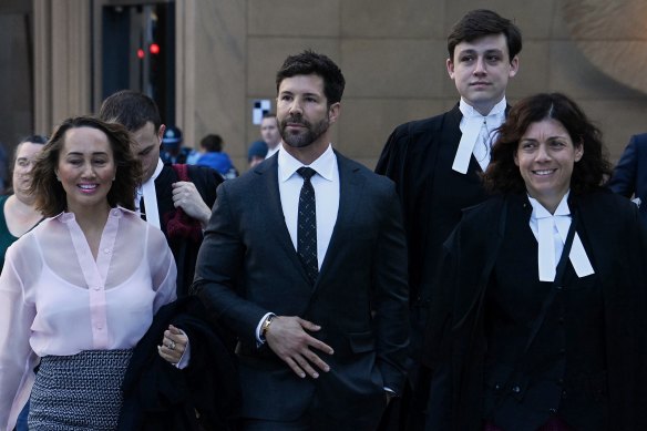 Heston Russell, centre, flanked by his legal team Rebekah Giles, left, Sue Chrysanthou, SC, far right, and Nicholas Olson.