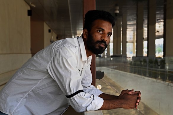 Akash Ali, a victim of human trafficking from Bangladesh, hours after being released from Myanmar where he had been forced to work in a scam centre. 