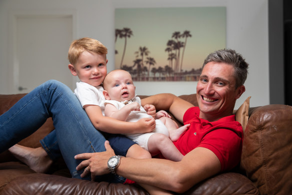 Trent Duffield with his sons Gus, 3, and William, 3 months old. He will shortly take his third period of primary carer parental leave.