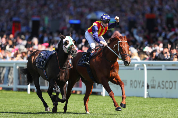 James McDonald punches the air as Nature Strip wins The King’s Stand Stakes at Royal Ascot.