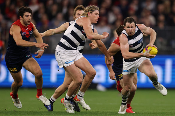 Patrick Dangerfield on the run for the Cats.