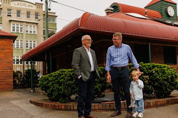 Nick Farr-Jones and his grandson Teddy with Greg Meagher (left), at Coogee Oval.