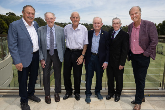 Australian tennis greats John Newcombe, Frank Sedgman, Neale Fraser, Rod Laver, Ken Rosewall, and John Alexander at Kooyong early last year.