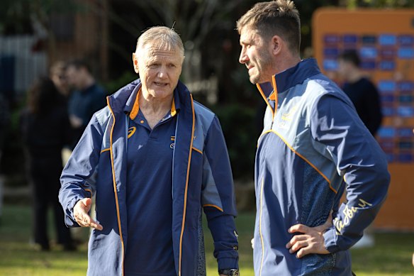 Wallabies coach Joe Schmidt speaks to Jake Gordon.