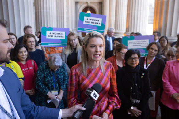 Maribyrnong councillor Sarah Carter addresses the rally at Parliament House on Thursday.