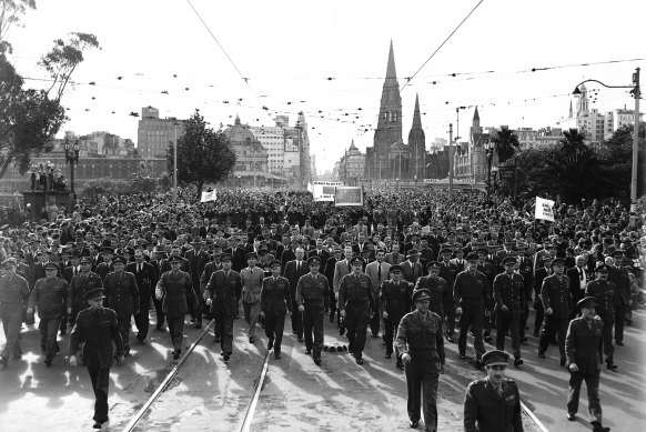 The 1952 Anzac Day march in Melbourne.