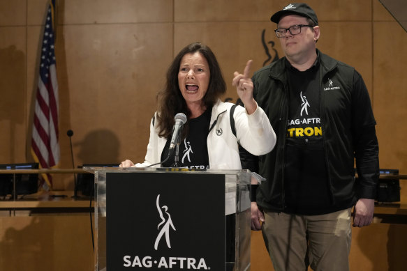 SAG-AFTRA president Fran Drescher speaks during a press conference announcing the strike in Los Angeles.